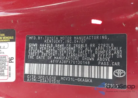 2007 Toyota Camry Solara Sle z USA, uszkodzony, nr VIN 4T1FA38PX7U130148